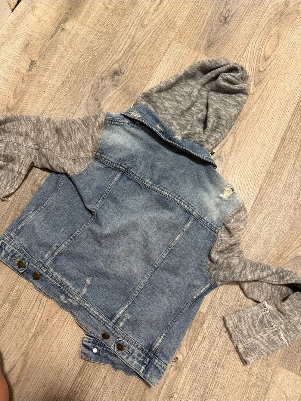 Free people Denim Hooded Jacket with Gray Knit Sleeves - Picture 4 of 6